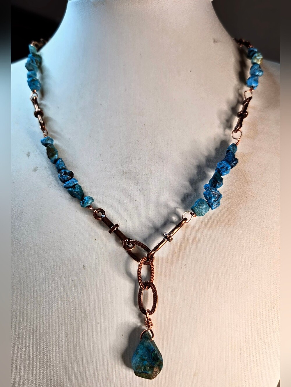 Genuine Blue Turquoise Chips In Industrial Vibe Antique Copper Artisan Necklace - Picture 4 of 9